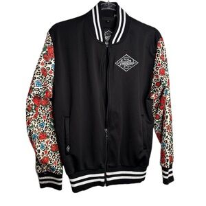 Liquor Brand Black Bomber Jacket with Animal print & Floral Sleeves XL